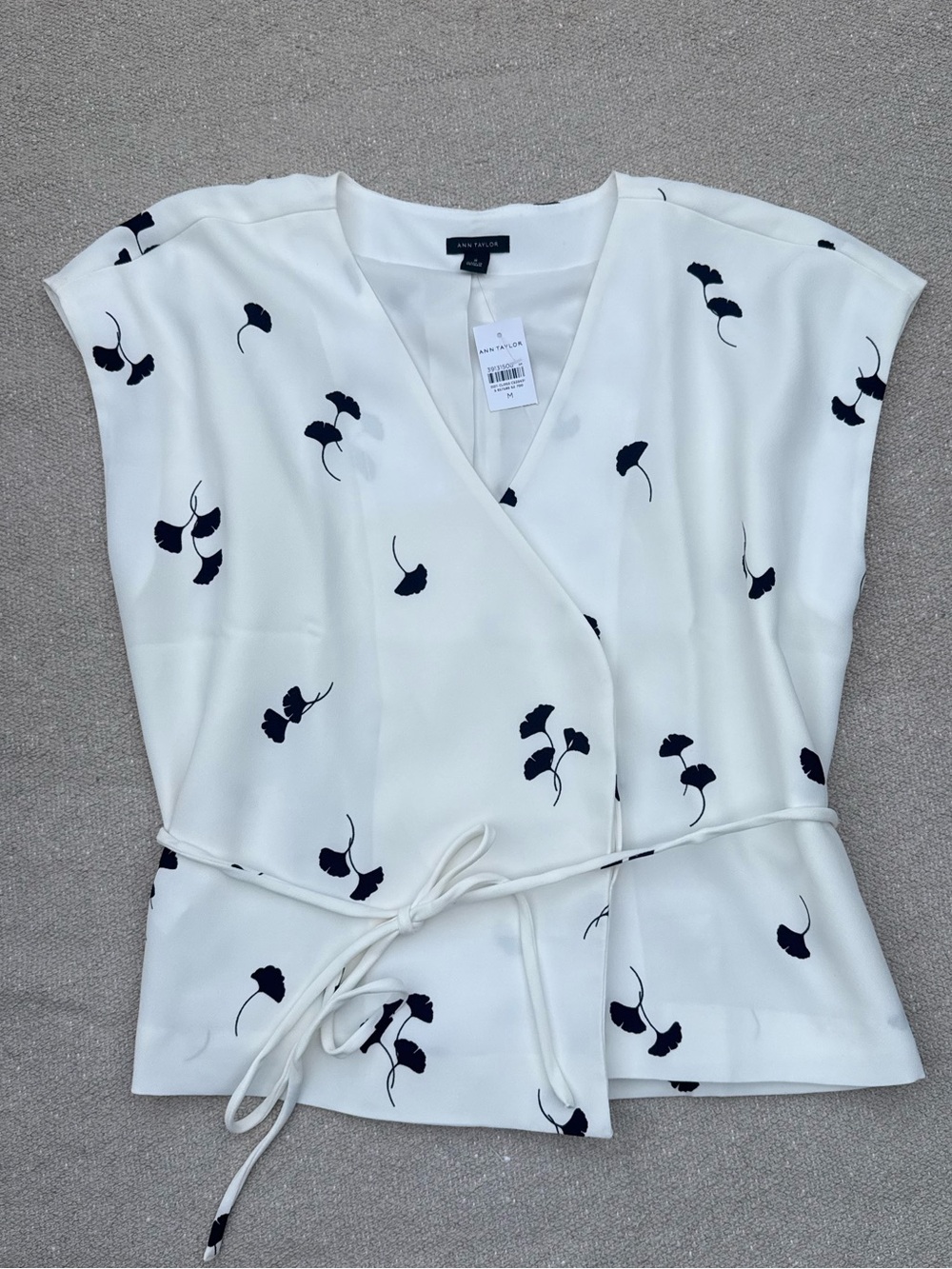 Ann Taylor Off White Wrap Blouse with Black Floral Motif M NWT